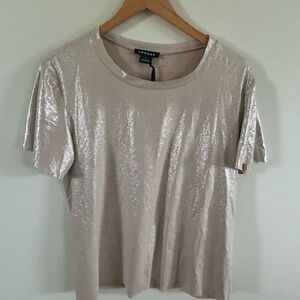 TROUVE Blouse Shimmer Metallic Short Sleeve silver Cream foil Large NWT